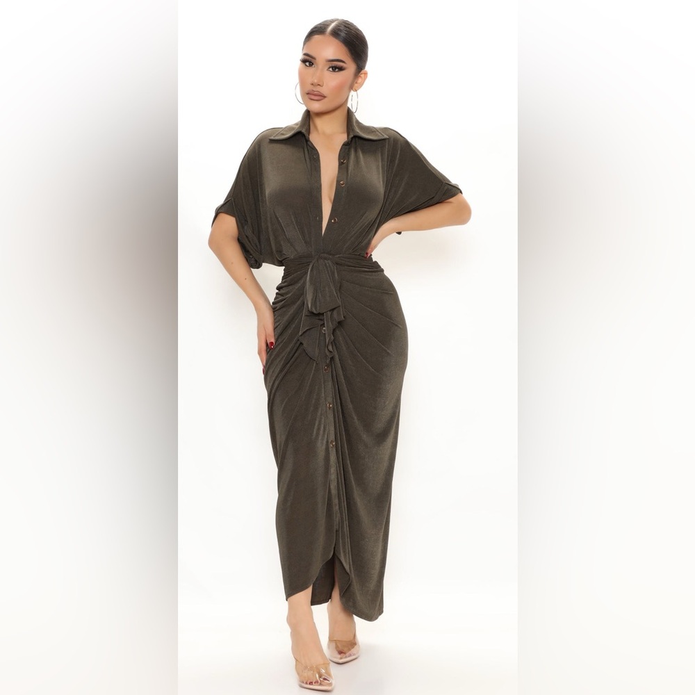 Elegant Olive Tie-Front Maxi Dress